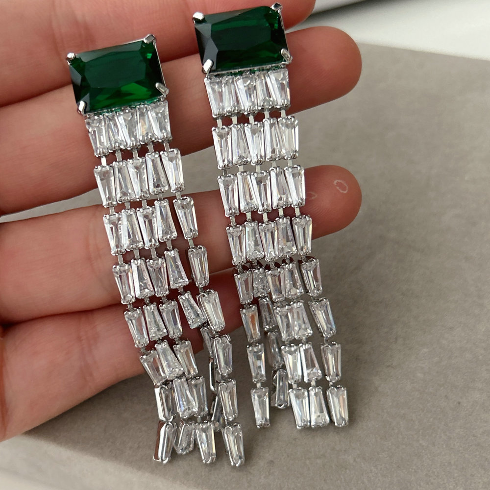 Pave chain green zircon tassel earrings