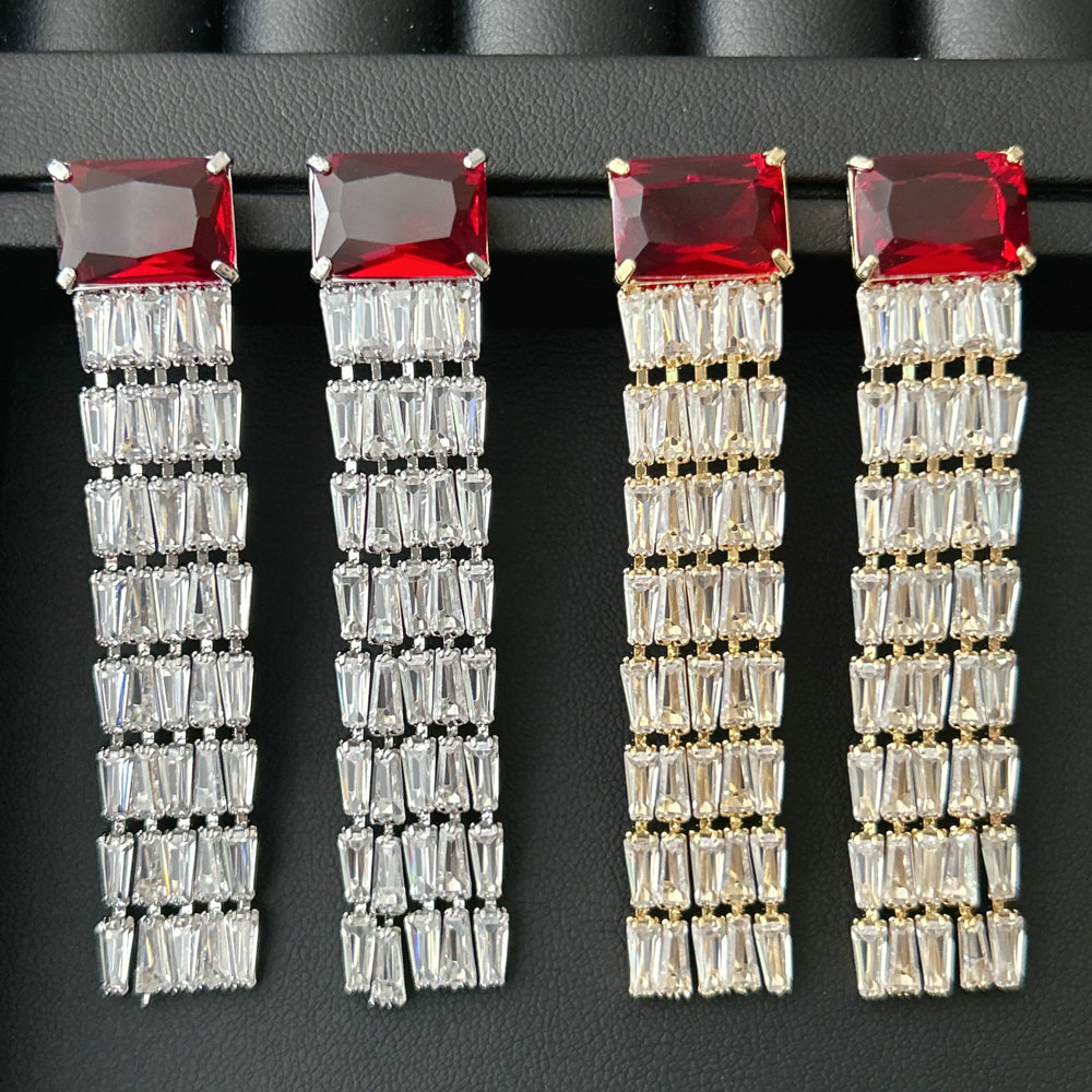Pave chain red zircon tassel earrings