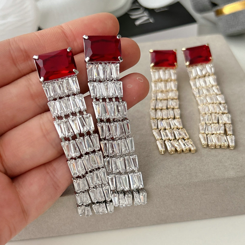 Pave chain red zircon tassel earrings