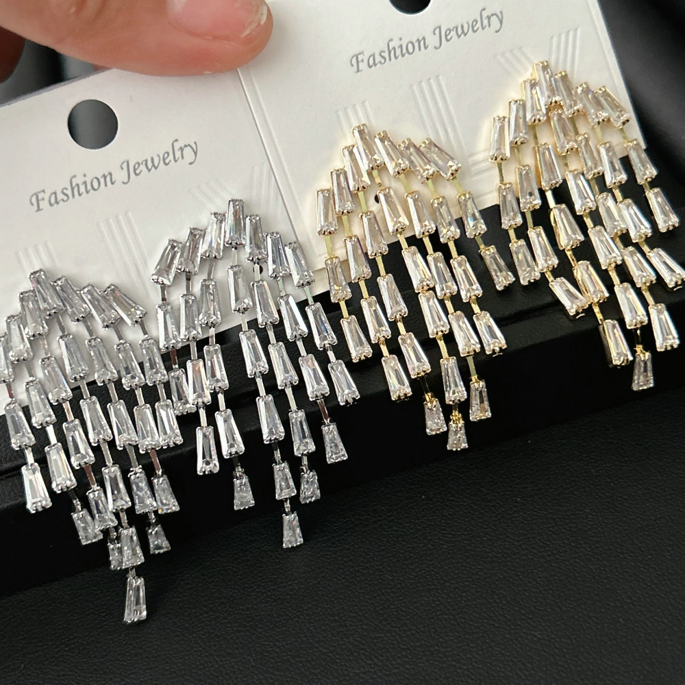 Pave zircon chain tassel earrings
