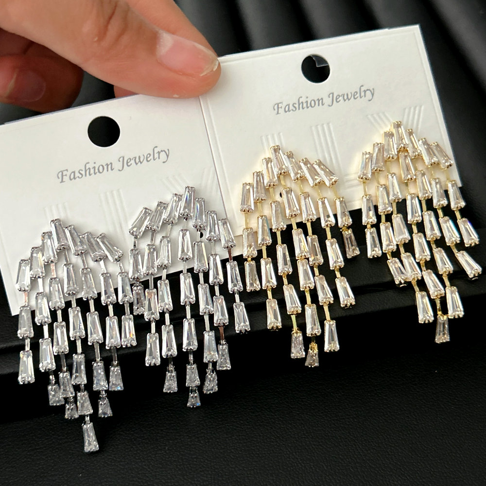 Pave zircon chain tassel earrings
