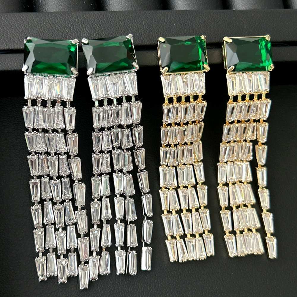 Pave chain green zircon tassel earrings