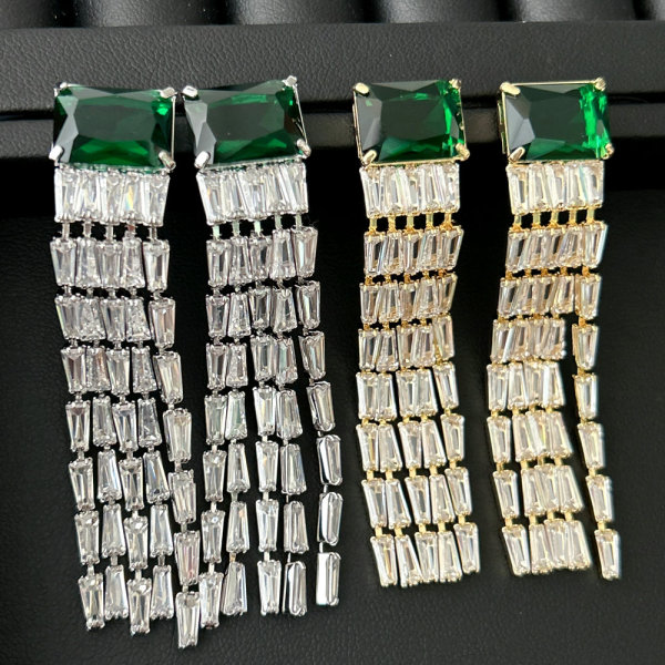 Pave chain green zircon tassel earrings