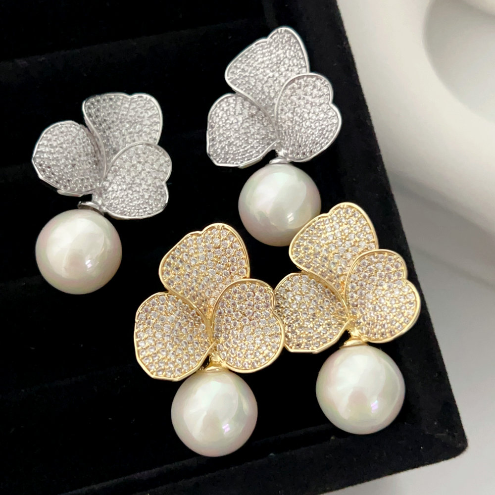 Pave flower pearl earrings