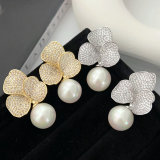 Pave flower pearl earrings