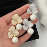 Pave flower pearl earrings