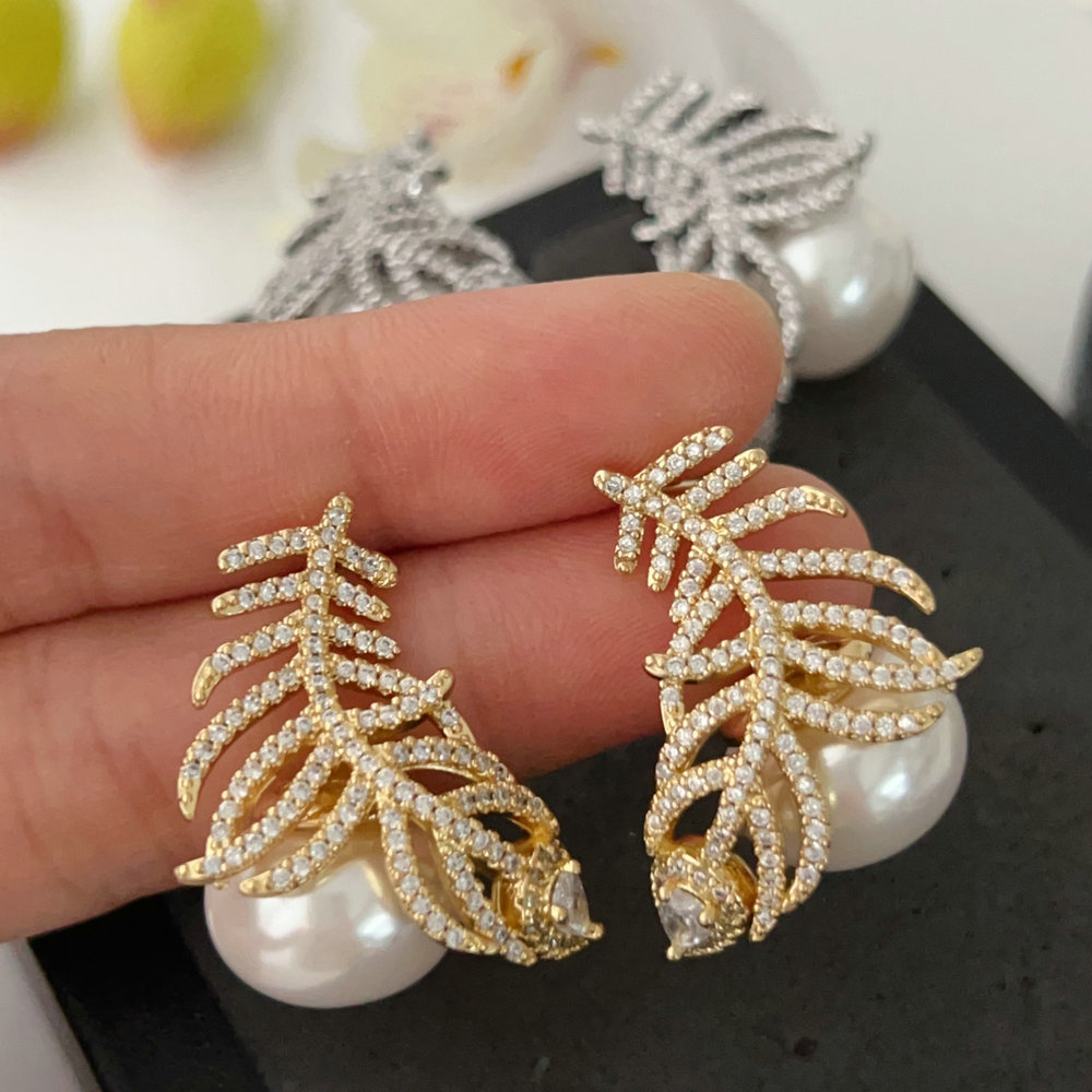Pave leaf pearl earrings
