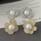 Pearl zircon flower earrings