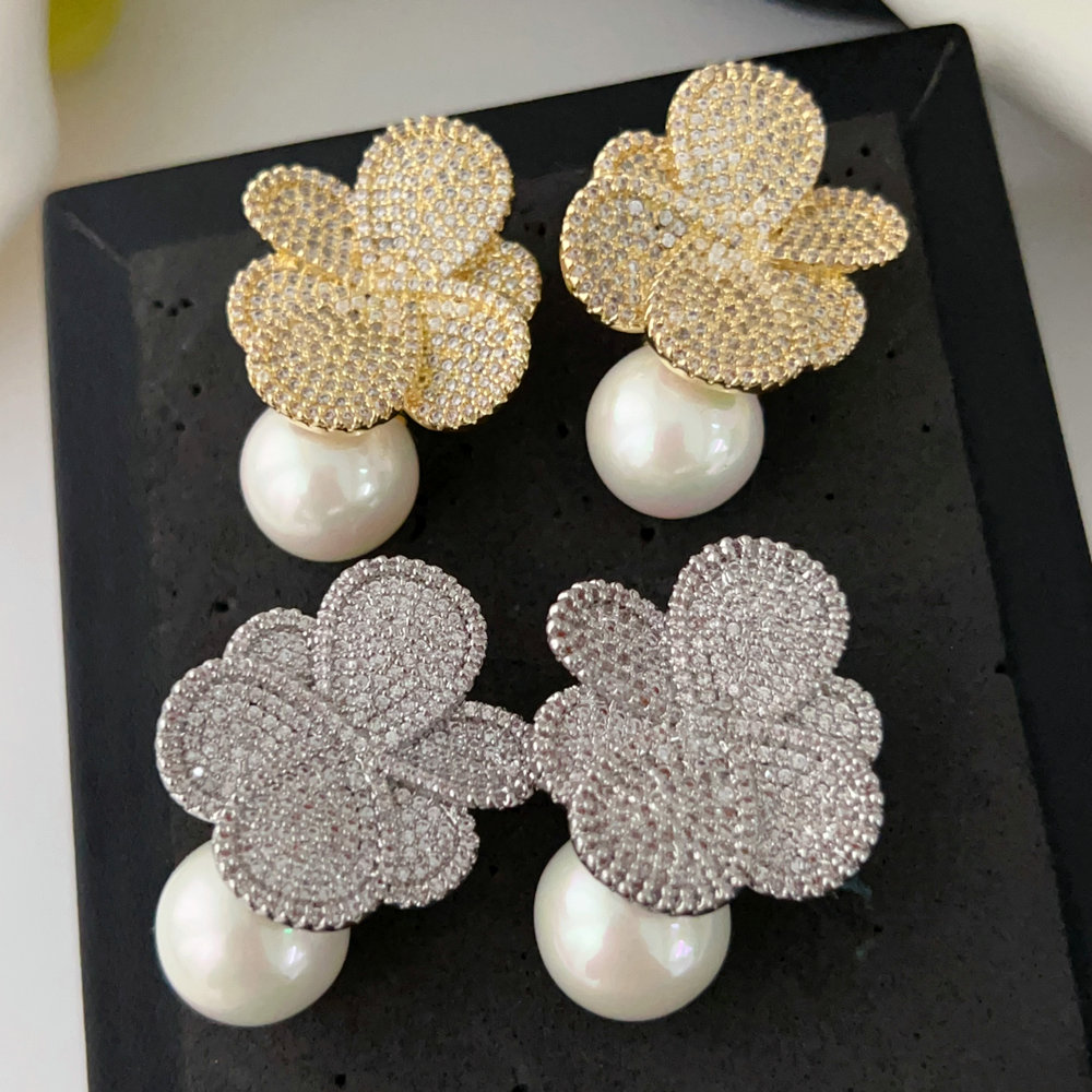 Pave zircon pearl flower earrings