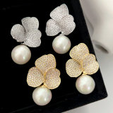 Pave flower pearl earrings