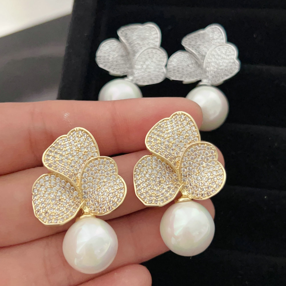 Pave flower pearl earrings
