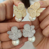 Pave zircon pearl flower earrings