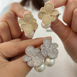 Pave zircon pearl flower earrings