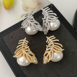 Pave leaf pearl earrings