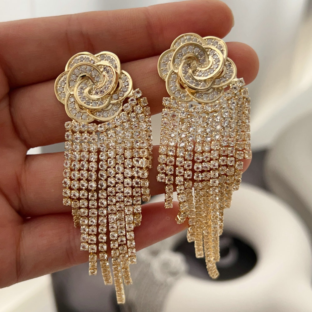 Pave flower tassel earrings