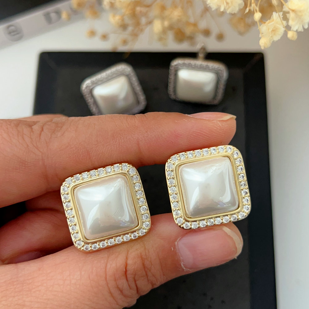 Pave pearl square earrings