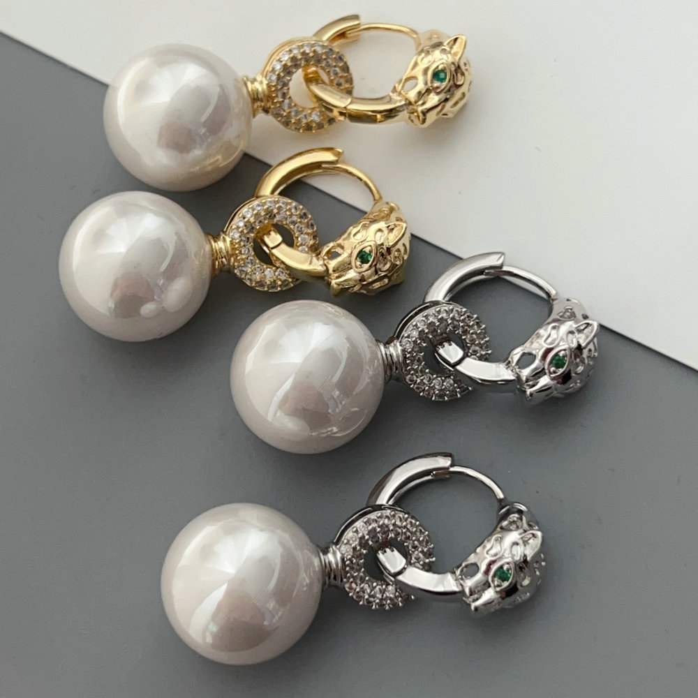 Pave lion pearl earrings