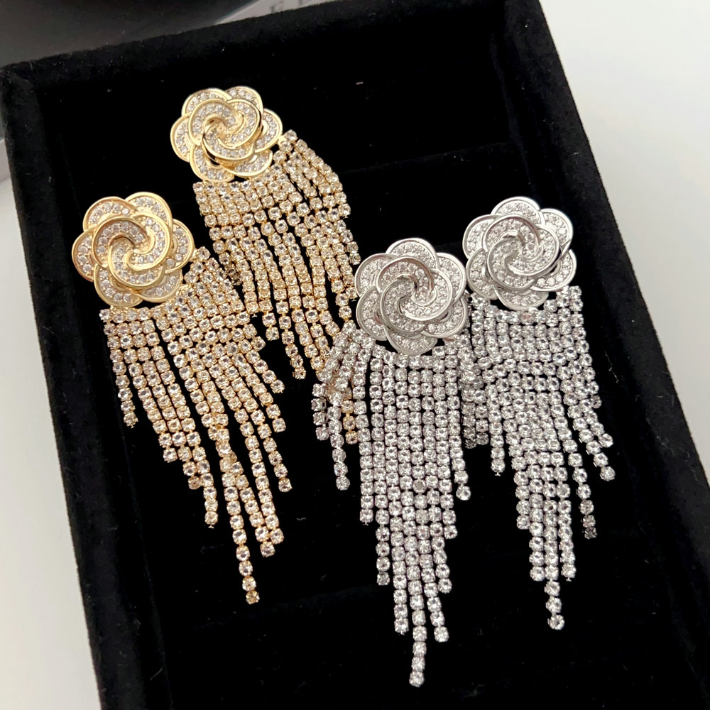 Pave flower tassel earrings