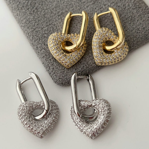 Pave heart charm earrings