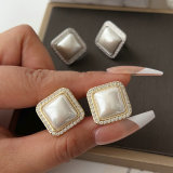 Pave pearl square earrings