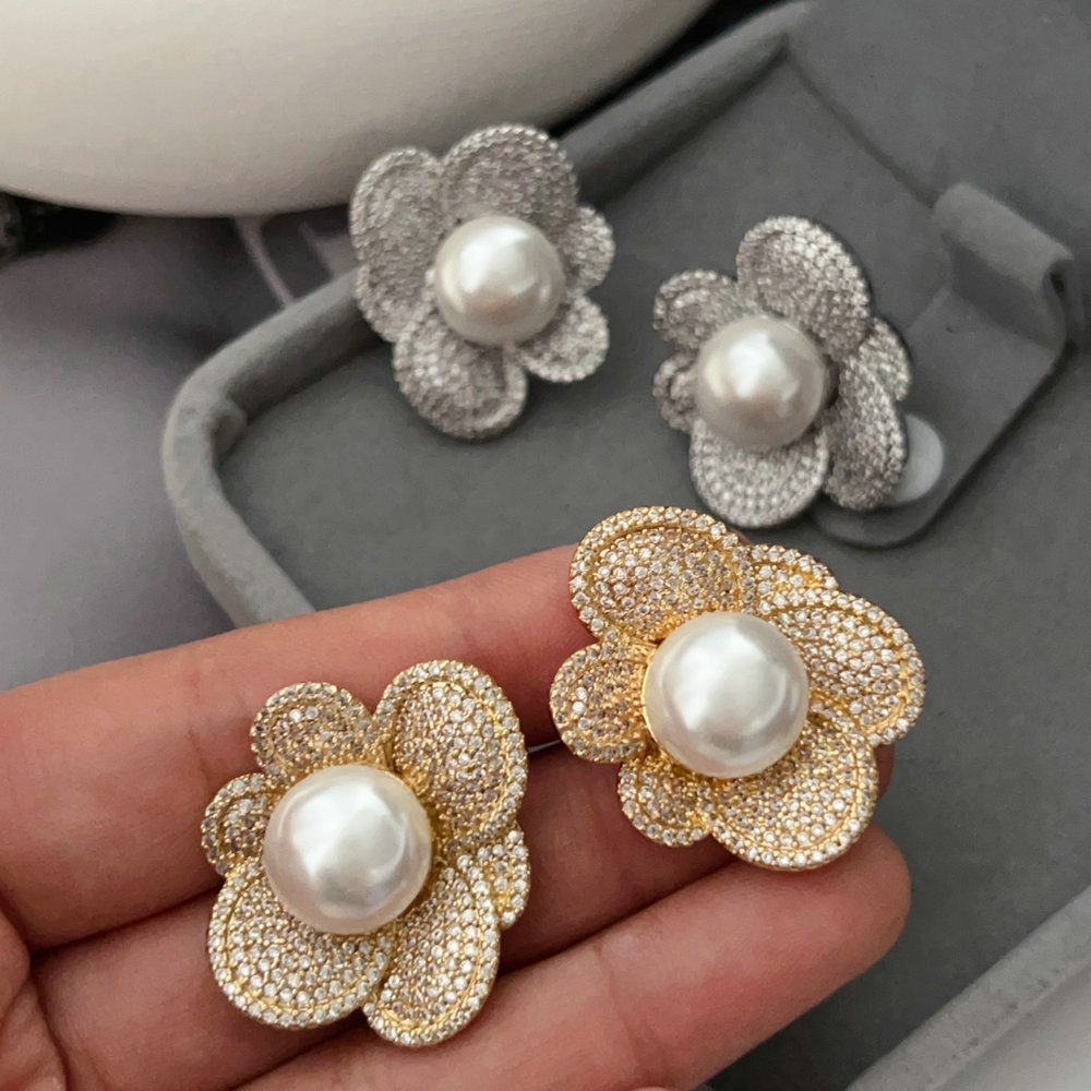 Pave zircon flower earrings