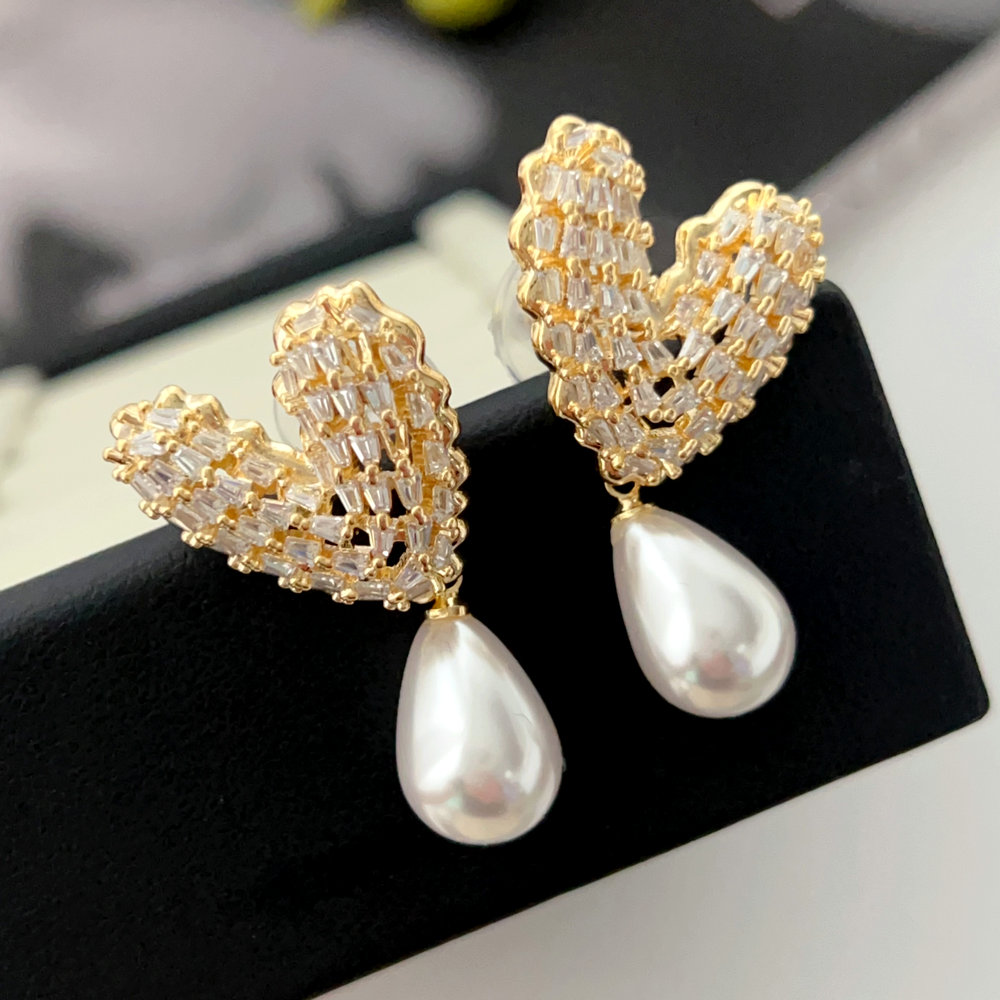 Pave heart pearl earrings