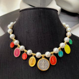 Chunky shell pearl necklace with enamel charm
