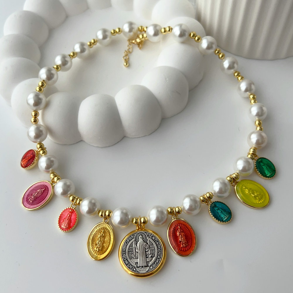 Chunky shell pearl necklace with enamel charm