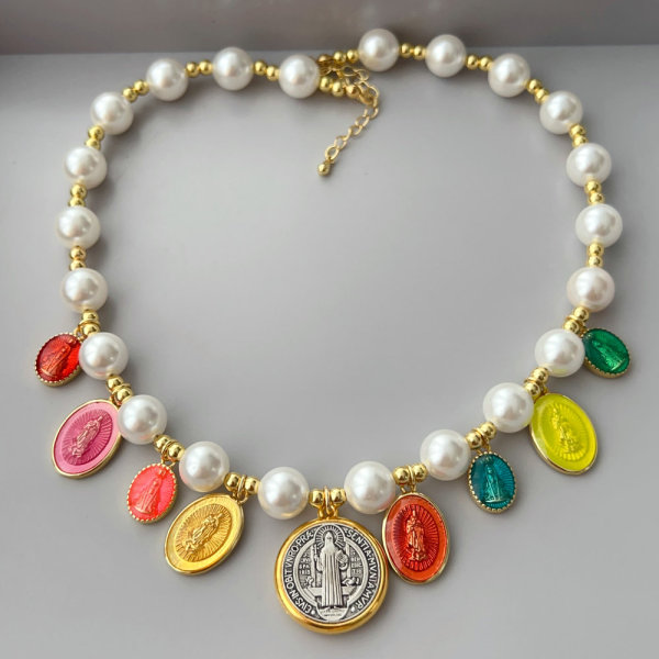 Chunky shell pearl necklace with enamel charm