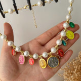 Chunky shell pearl necklace with enamel charm