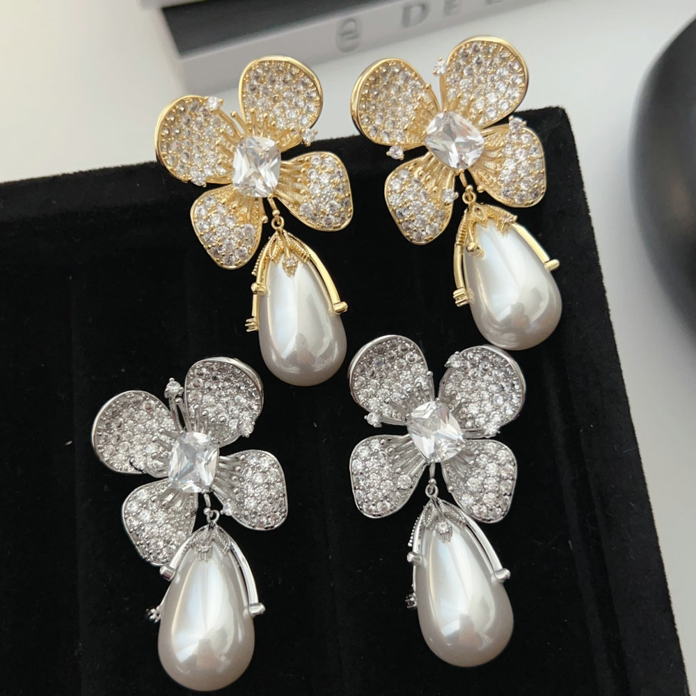 Pave zircon flower pearl earrings