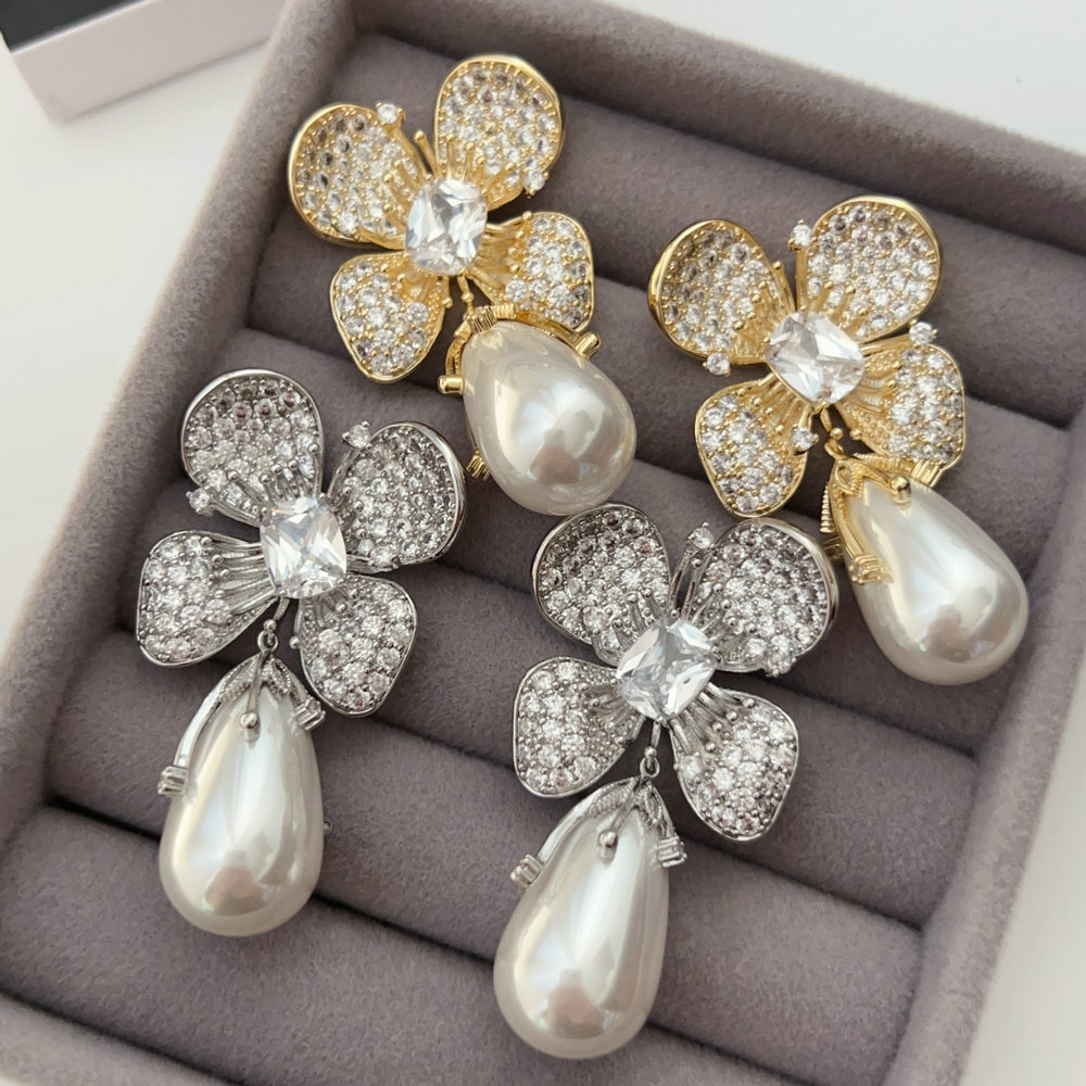 Pave zircon flower pearl earrings