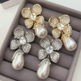 Pave zircon flower pearl earrings