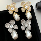 Pave zircon flower pearl earrings