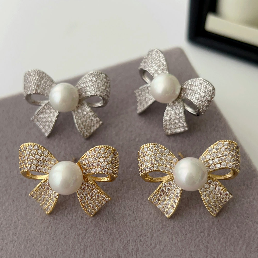 Zircon bow pearl earrings