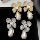 Pave zircon flower pearl earrings