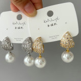 Pave triangle pearl earrings