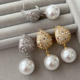 Pave triangle pearl earrings