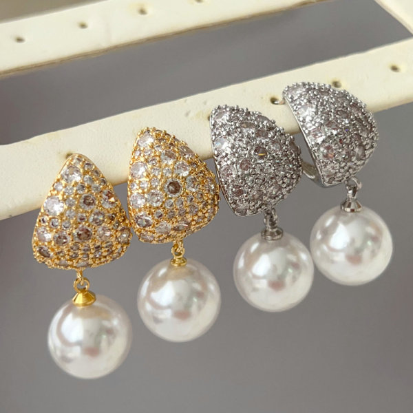 Pave triangle pearl earrings