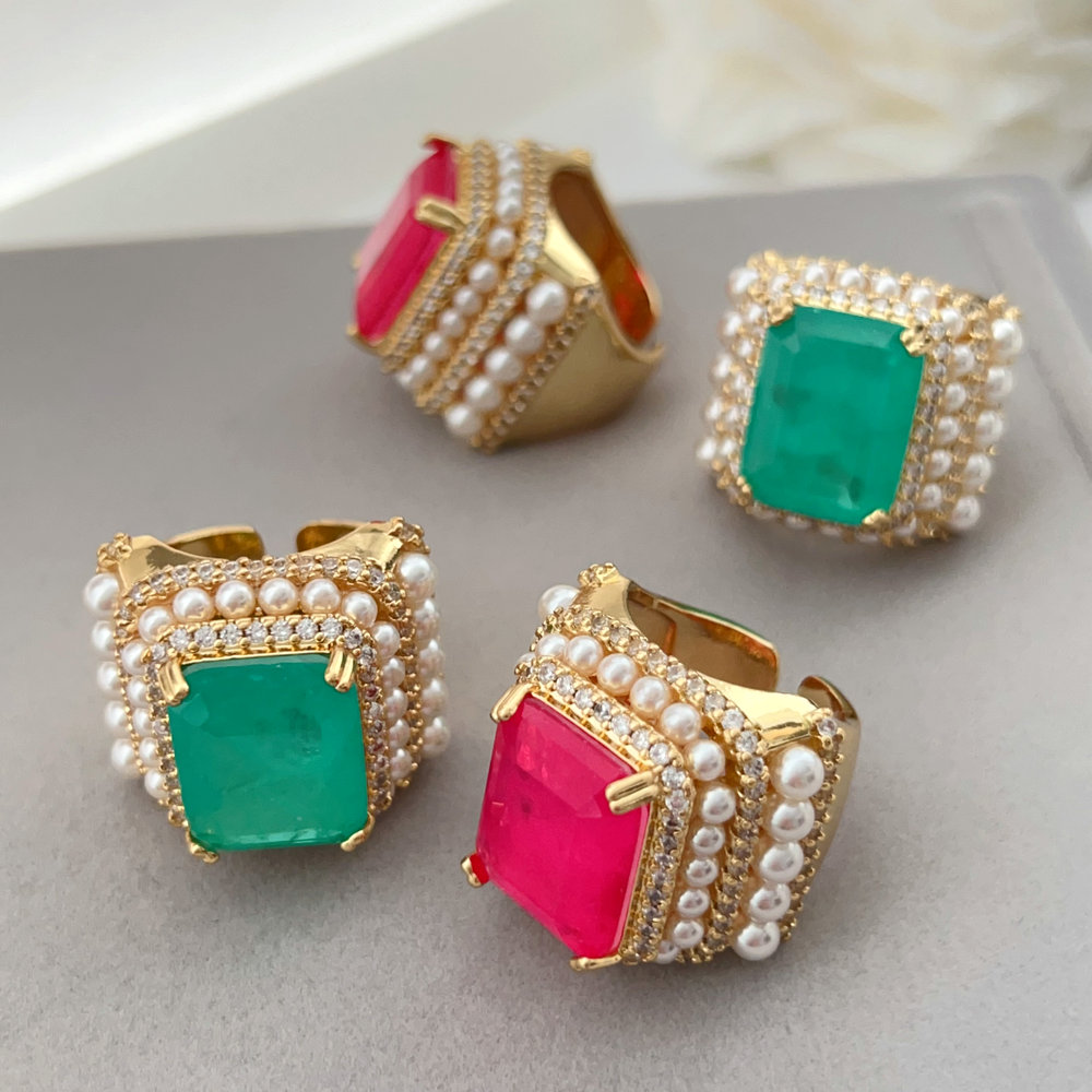 Pave gemstone pearl square ring