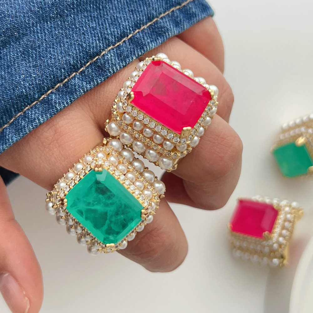 Pave gemstone pearl square ring