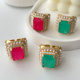 Pave gemstone pearl square ring