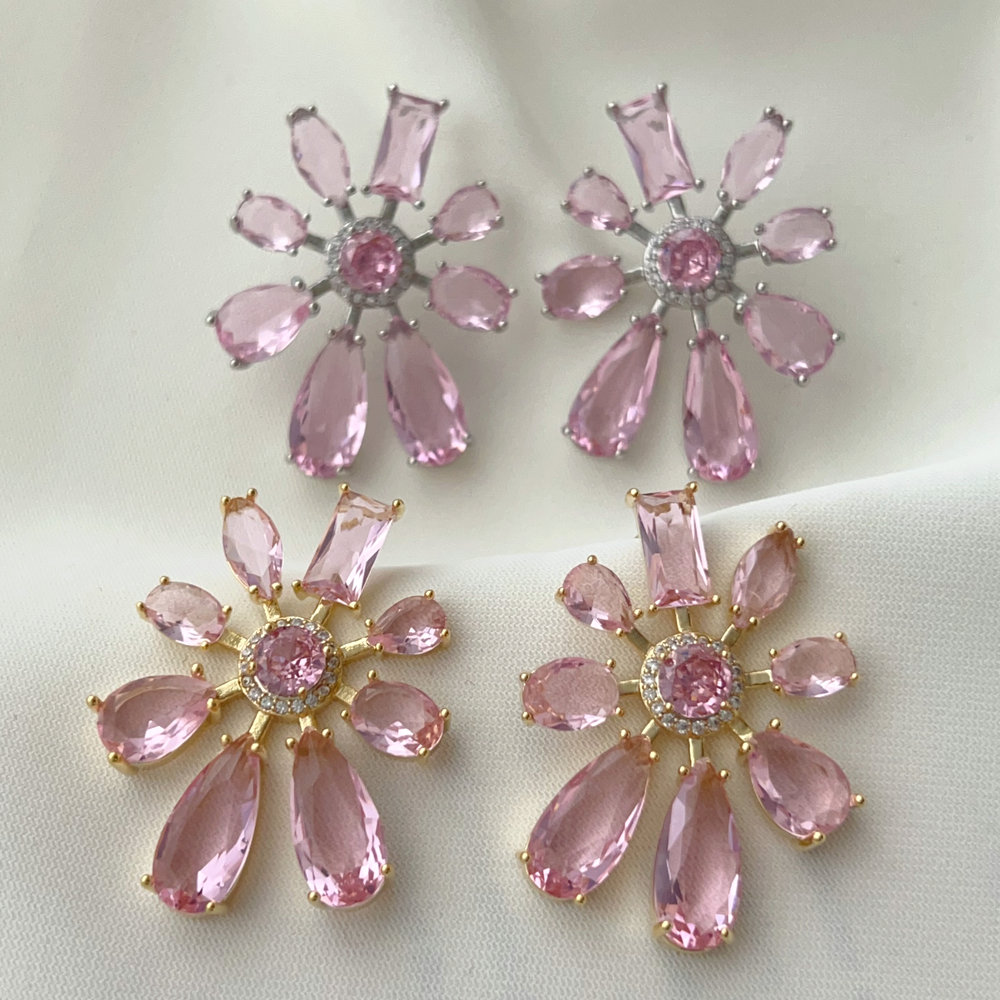 Pink crystal flower earrings
