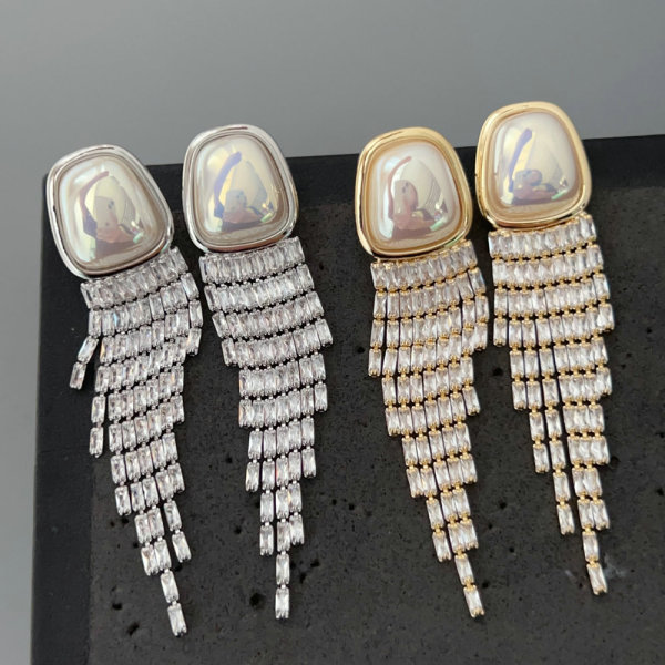 Pave zircon tassel pearl earrings