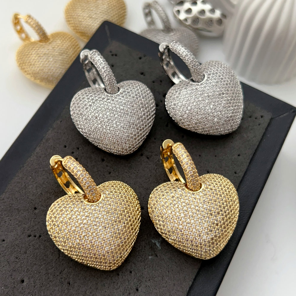 Pave zircon chunky heart drop earrings