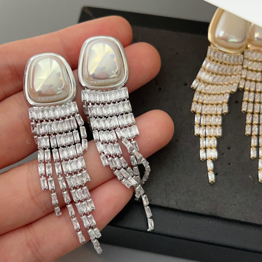 Pave zircon tassel pearl earrings