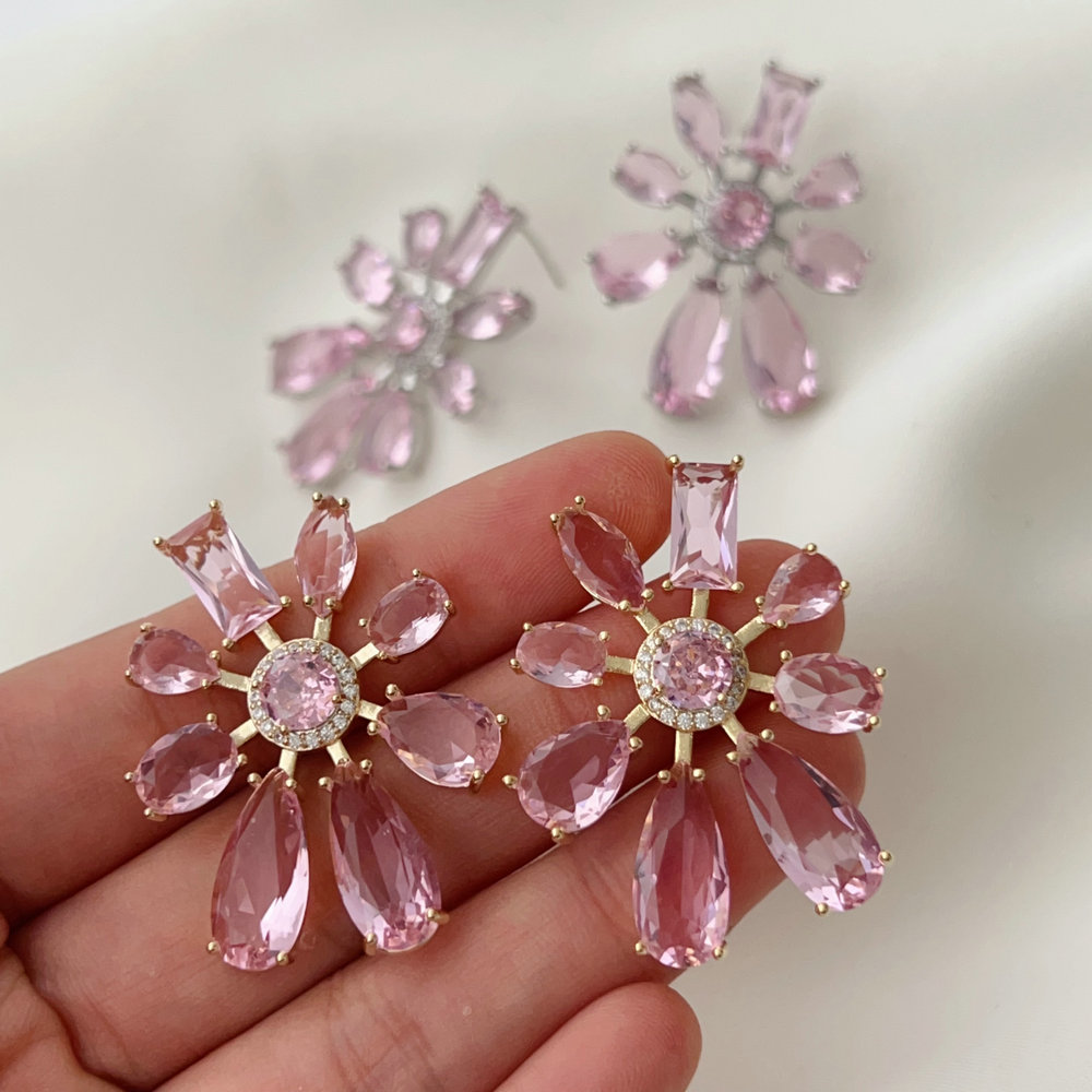 Pink crystal flower earrings