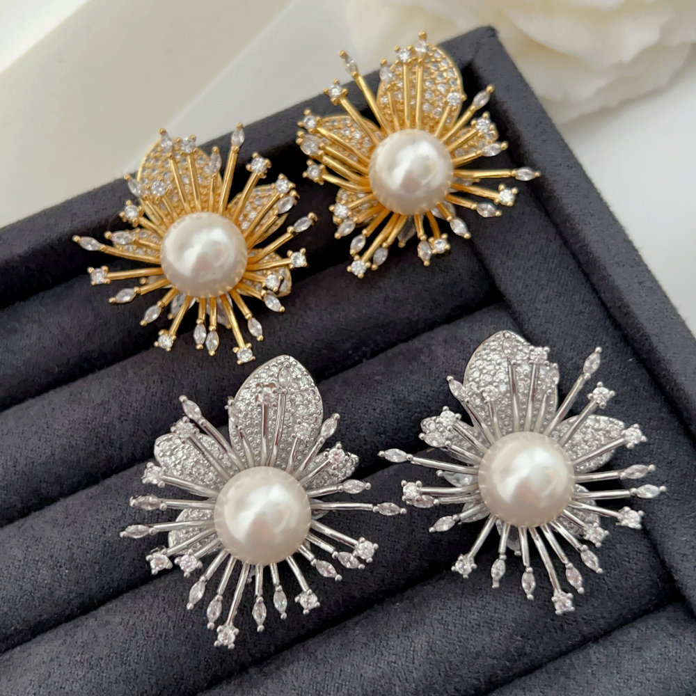 Pave zircon flower earrings