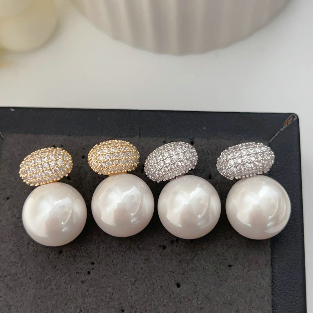 Pave zircon round pearl earrings
