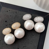 Pave zircon round pearl earrings